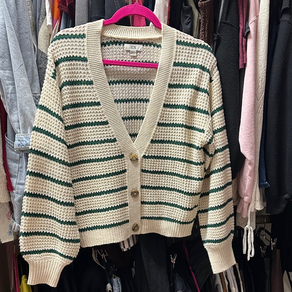 Striped V-Neck Button-Front Cardigan in Cream & Green